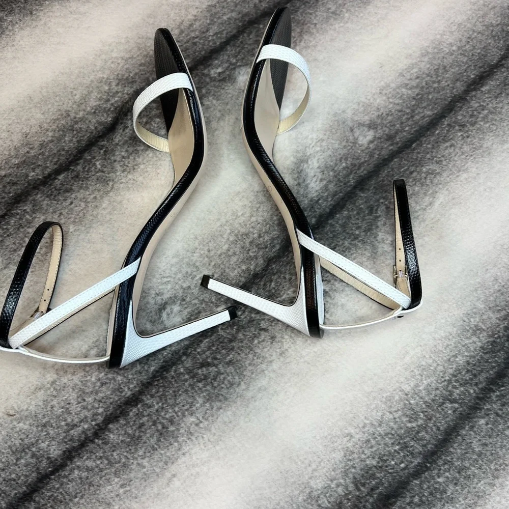 Jimmy Choo Minny 85 mm Lizard Mini Printed Leather Black White Mix Sandal Heels - Picture 6 of 12